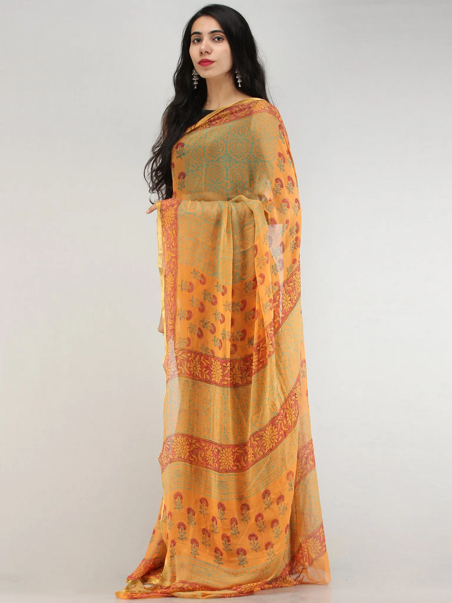 Yellow Green Hand Block Printed Chiffon Saree with Zari Border - S031704564