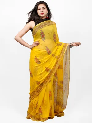 Yellow Red Green Hand Block Printed Chiffon Saree with Zari Border - S031703289